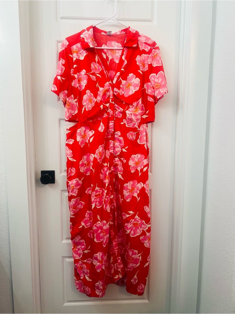 Old Navy Red Maxi Dress with Pink Floral Pattern